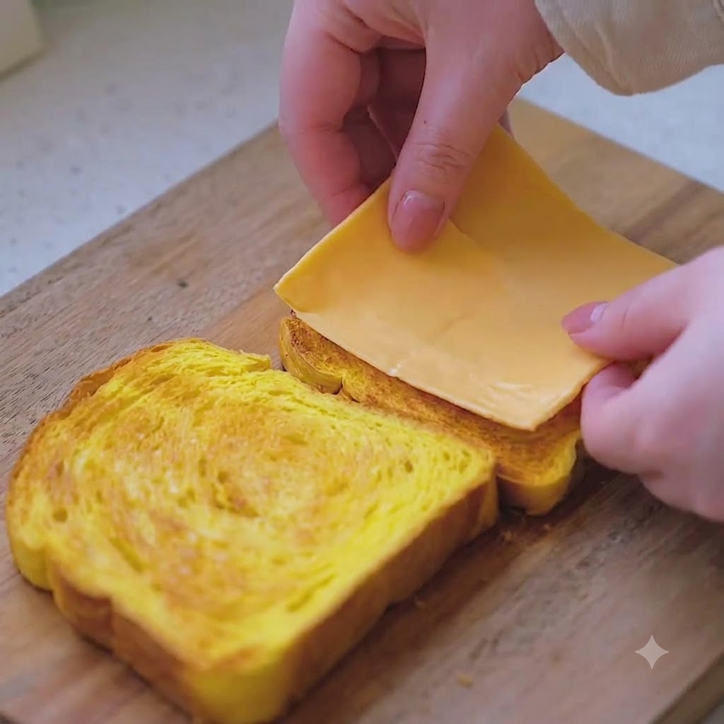 Deux tranches de fromage jaune déposées sur du pain au potiron chaud et grillé.