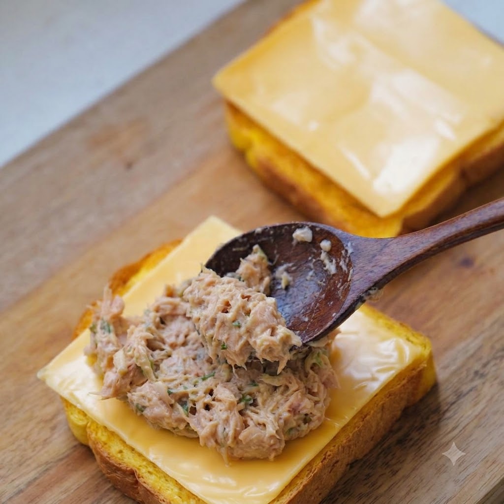 Une cuillère en bois étalant généreusement le mélange thon-kimchi sur le pain recouvert de fromage.