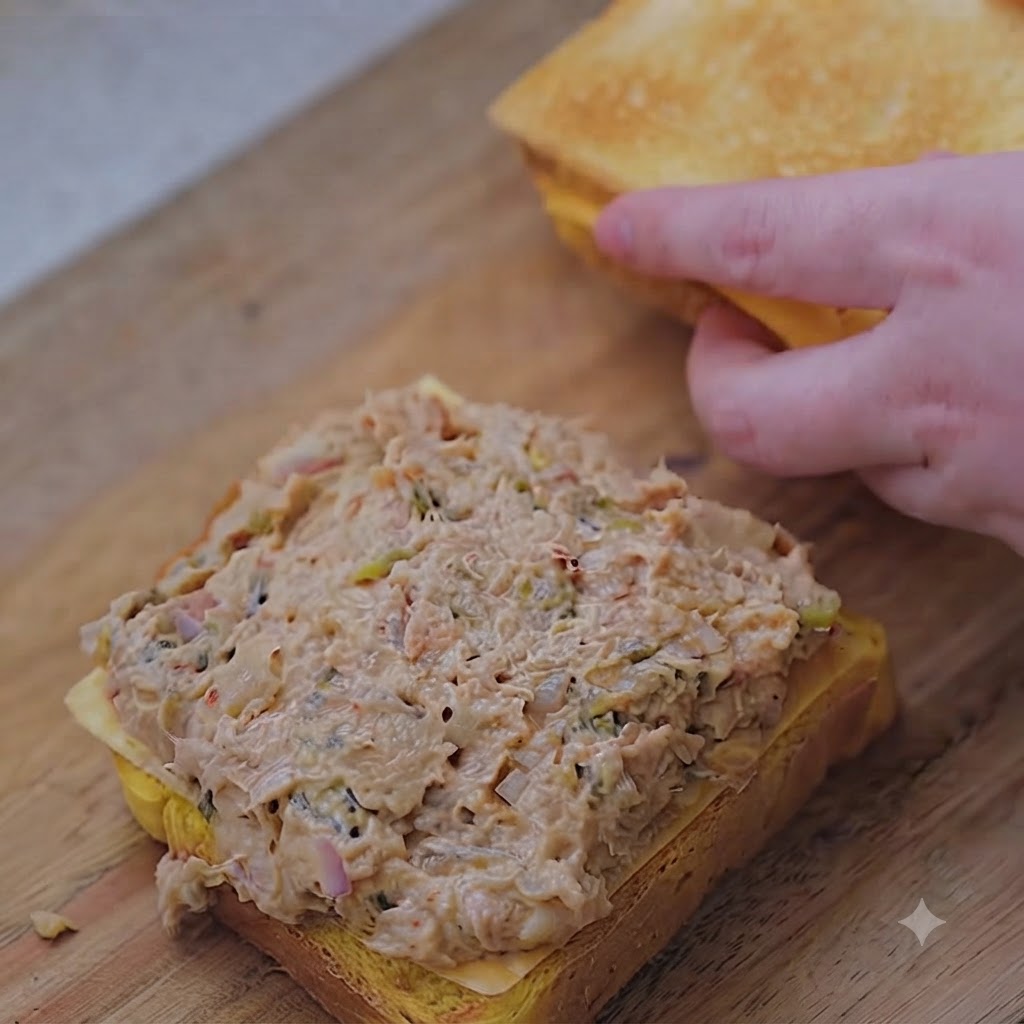 Une main déposant la tranche supérieure de pain grillé sur la garniture thon-kimchi.