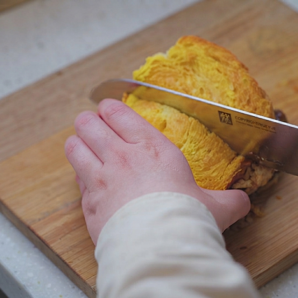 Un couteau bien aiguisé coupant en diagonale un sandwich bien garni sur une planche.