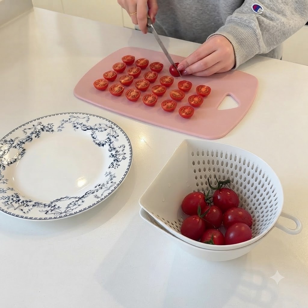 Mains coupant des tomates cerises rouges en deux avec un couteau sur une planche à découper rose.