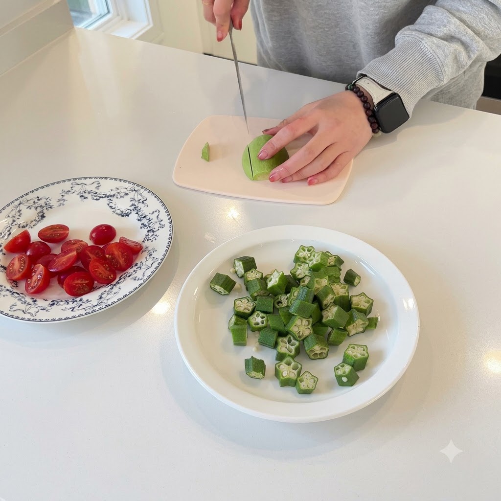 Mains tranchant un demi-avocat vert sur une petite planche à découper rose.