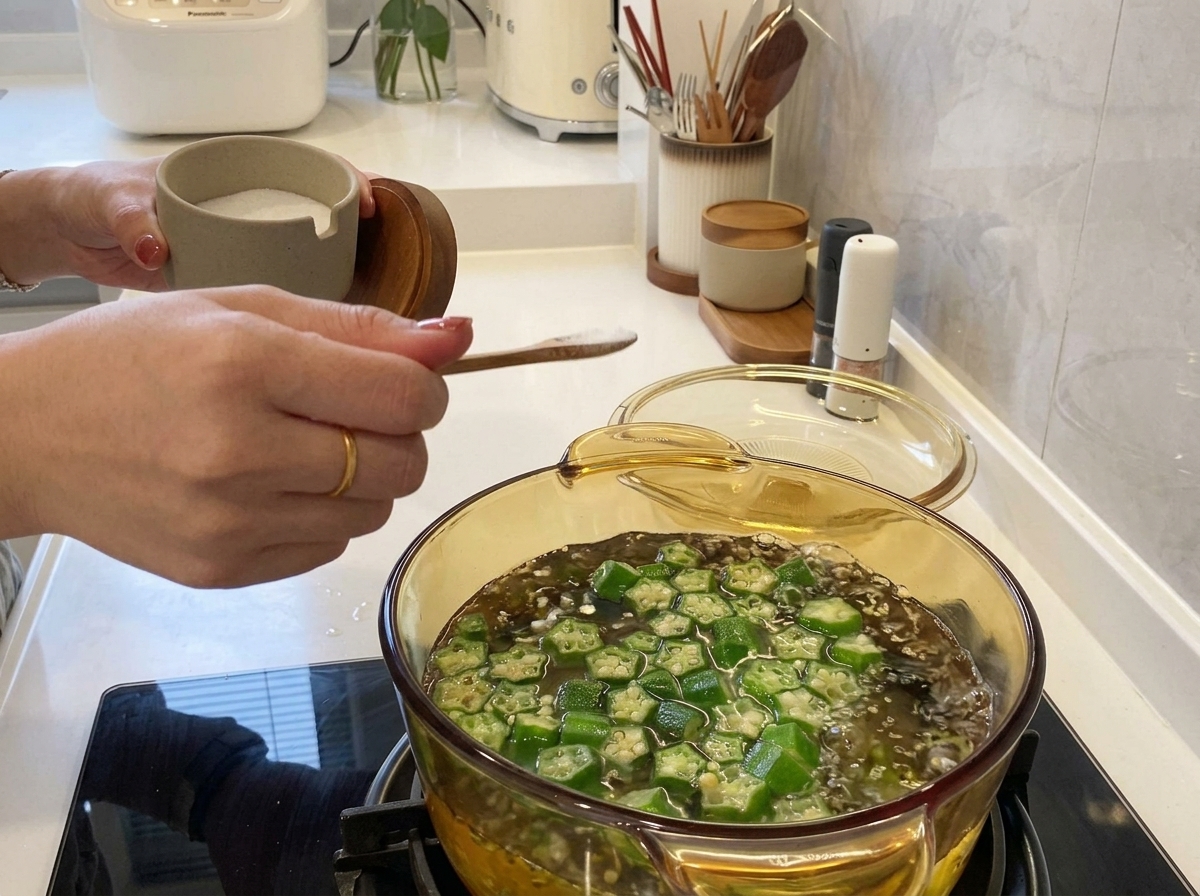 Une main ajoutant une cuillerée de sel à une casserole en verre deau bouillante remplie de rondelles de gombos verts.