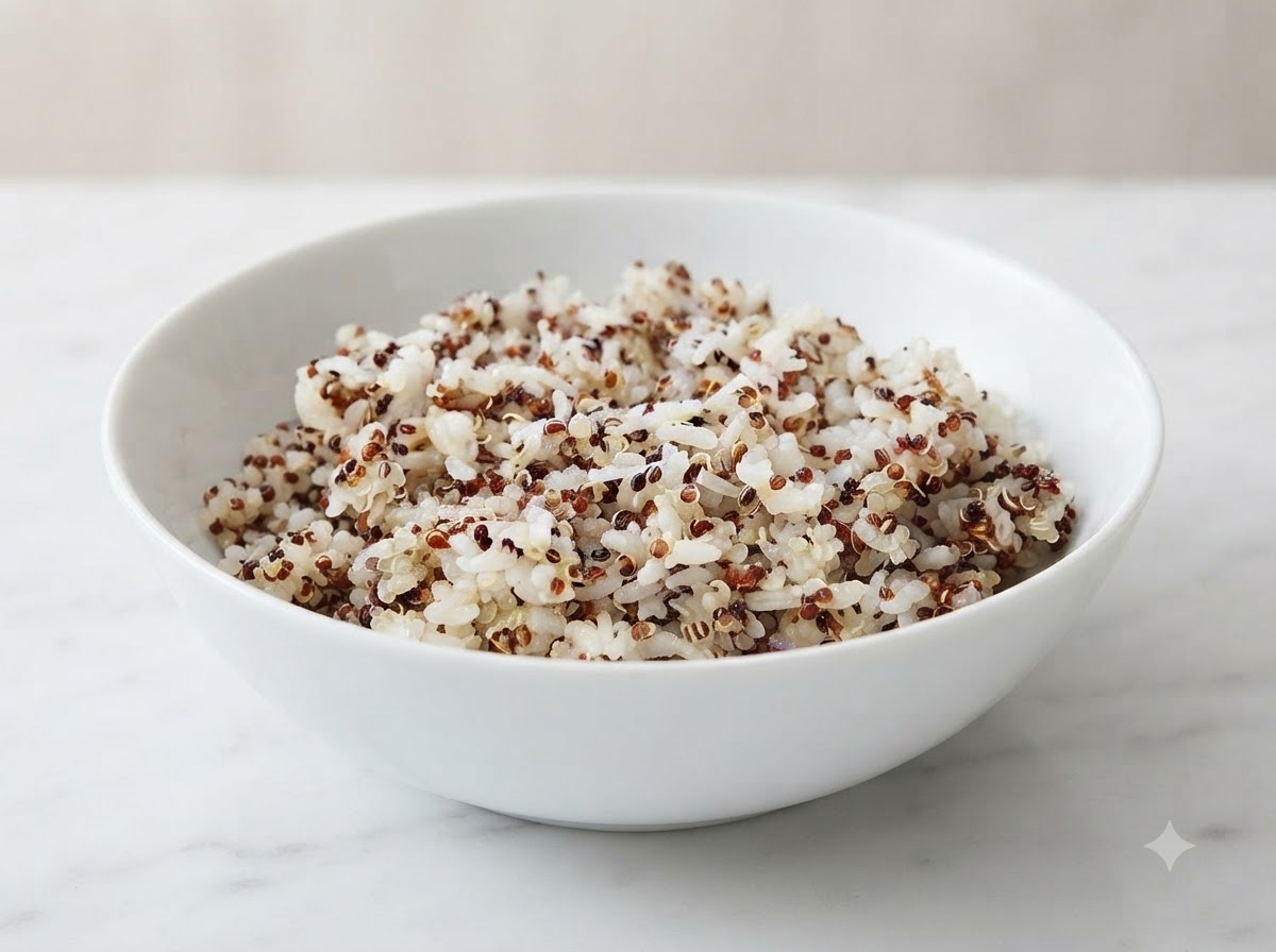 Mélange de riz blanc et de quinoa fraîchement cuit dressé proprement dans un bol en céramique blanc.