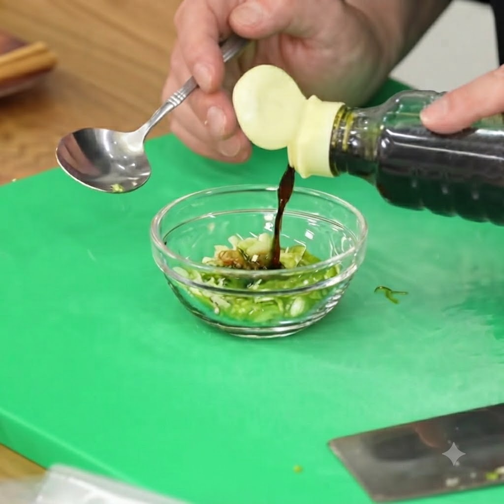 De la sauce soja versée dans un petit bol en verre contenant des oignons verts hachés et des piments.