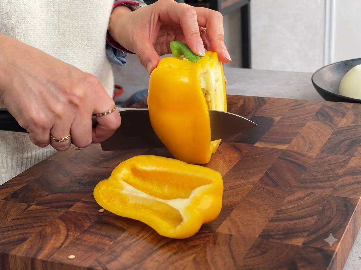 Un poivron jaune coupé en lanières régulières sur une planche à découper en bois avec un couteau.