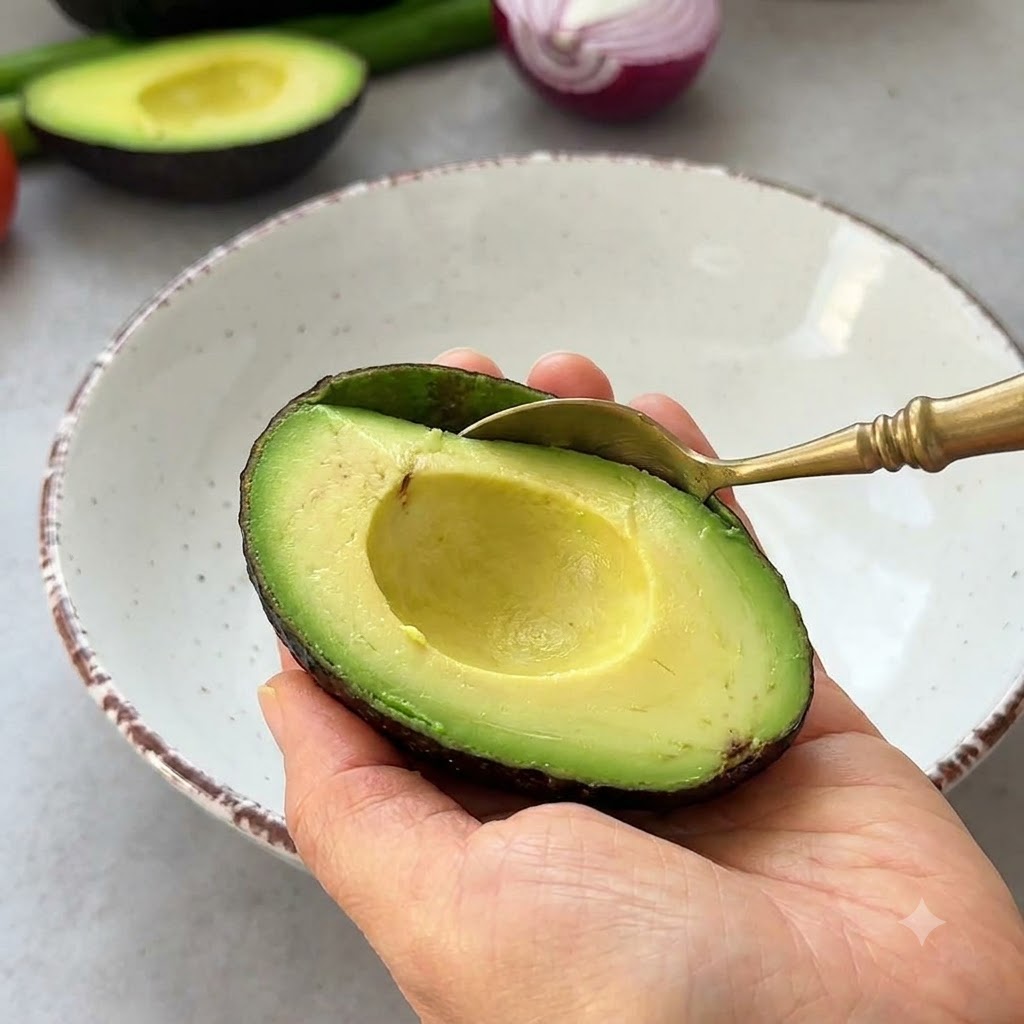 Un demi-avocat tenu dans la main tandis quune cuillère en métal récupère la chair verte dans un grand bol blanc.