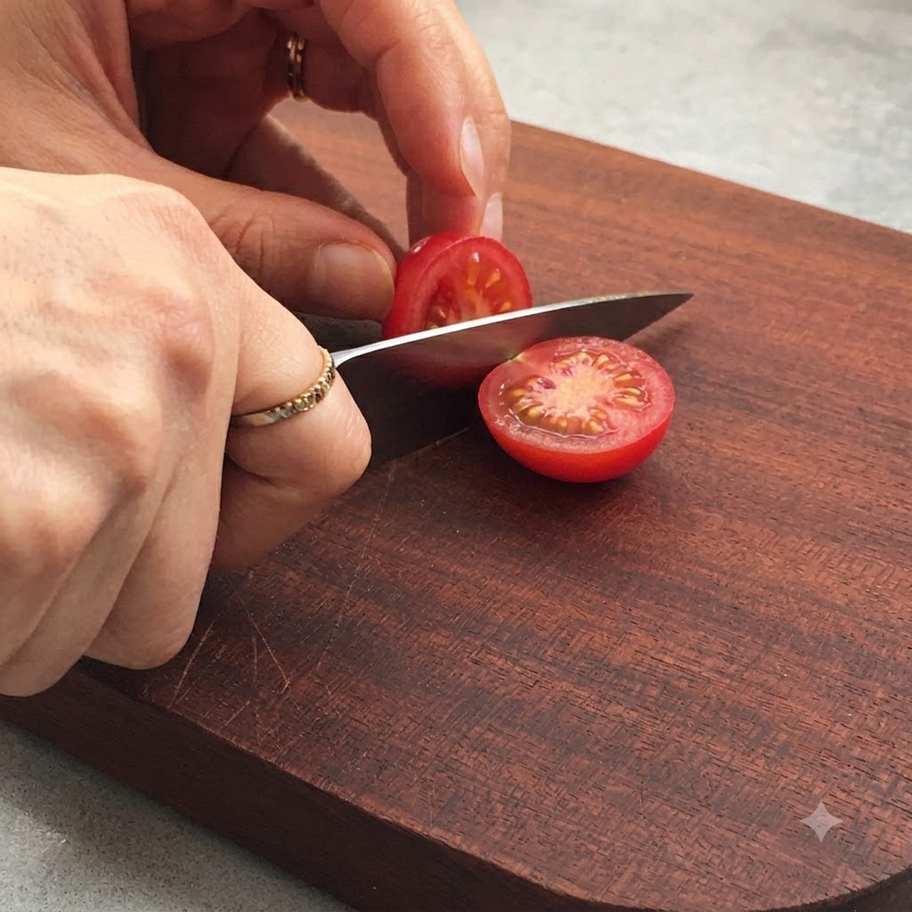 Une tomate cerise coupée en deux sur une planche à découper en bois à laide dun petit couteau de cuisine.