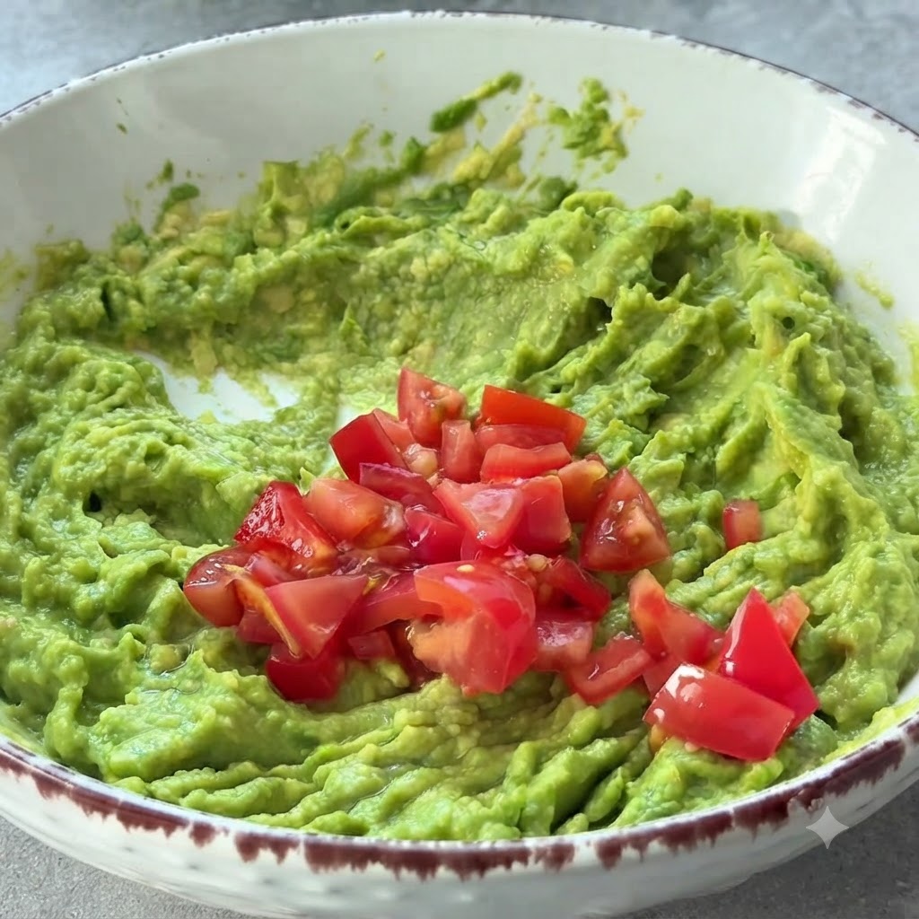 Des tomates rouges fraîchement hachées entassées sur un bol davocat écrasé vert prêtes à être mélangées.