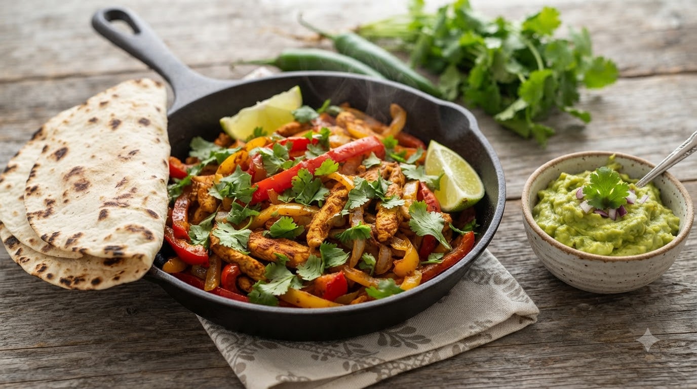 Une poêle grésillante de fajitas de poulet mexicaines garnie de coriandre fraîche et de citron vert, servie avec des tortillas chaudes et du guacamole.