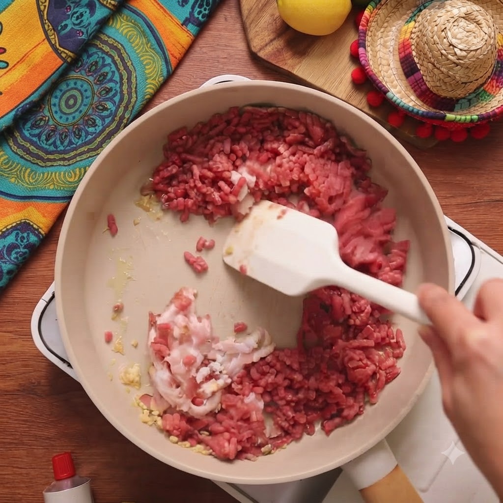 Bacon haché et bœuf haché cru ajoutés dans la poêle avec lail.