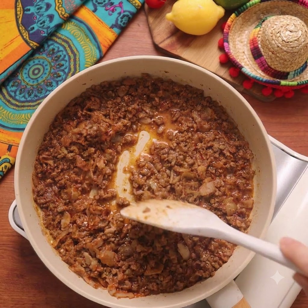 La garniture de bœuf cuite mijotée et remuée avec une spatule blanche dans la poêle.