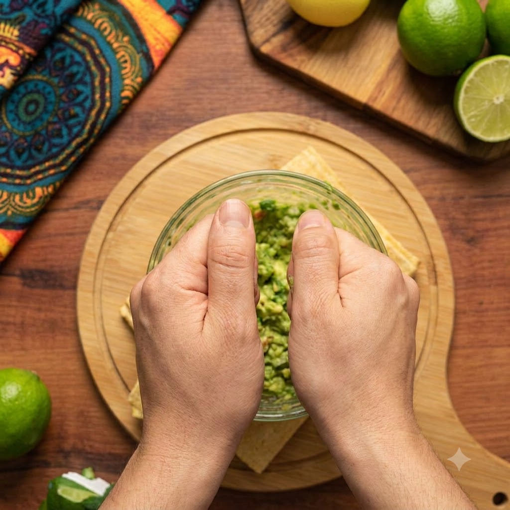Avocat frais soigneusement écrasé en une pâte lisse dans un bol en verre transparent sur une planche en bois.