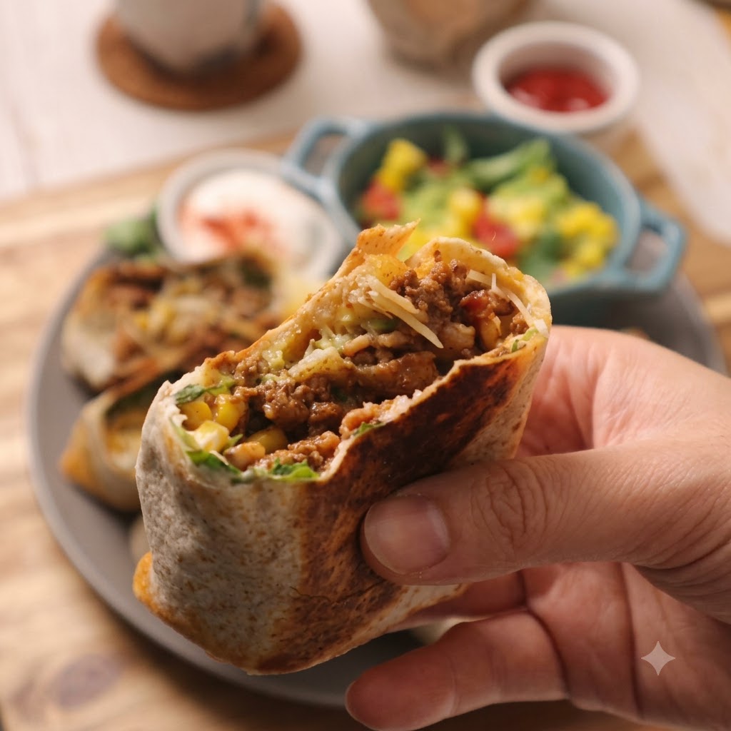Laitue verte fraîchement émincée soigneusement disposée sur la tortilla préparée.