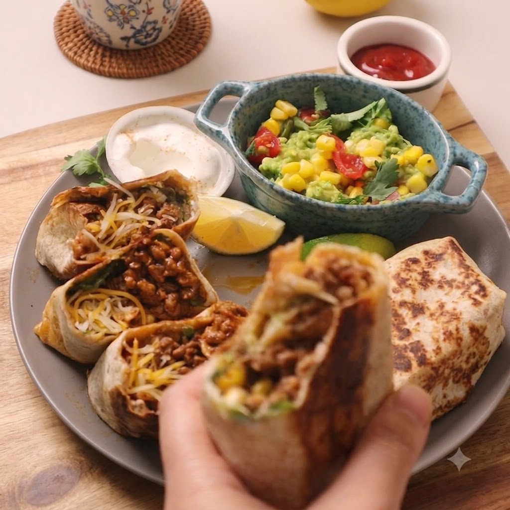 Garniture de bœuf haché cuit et assaisonné ajoutée sur la couche de laitue du wrap.