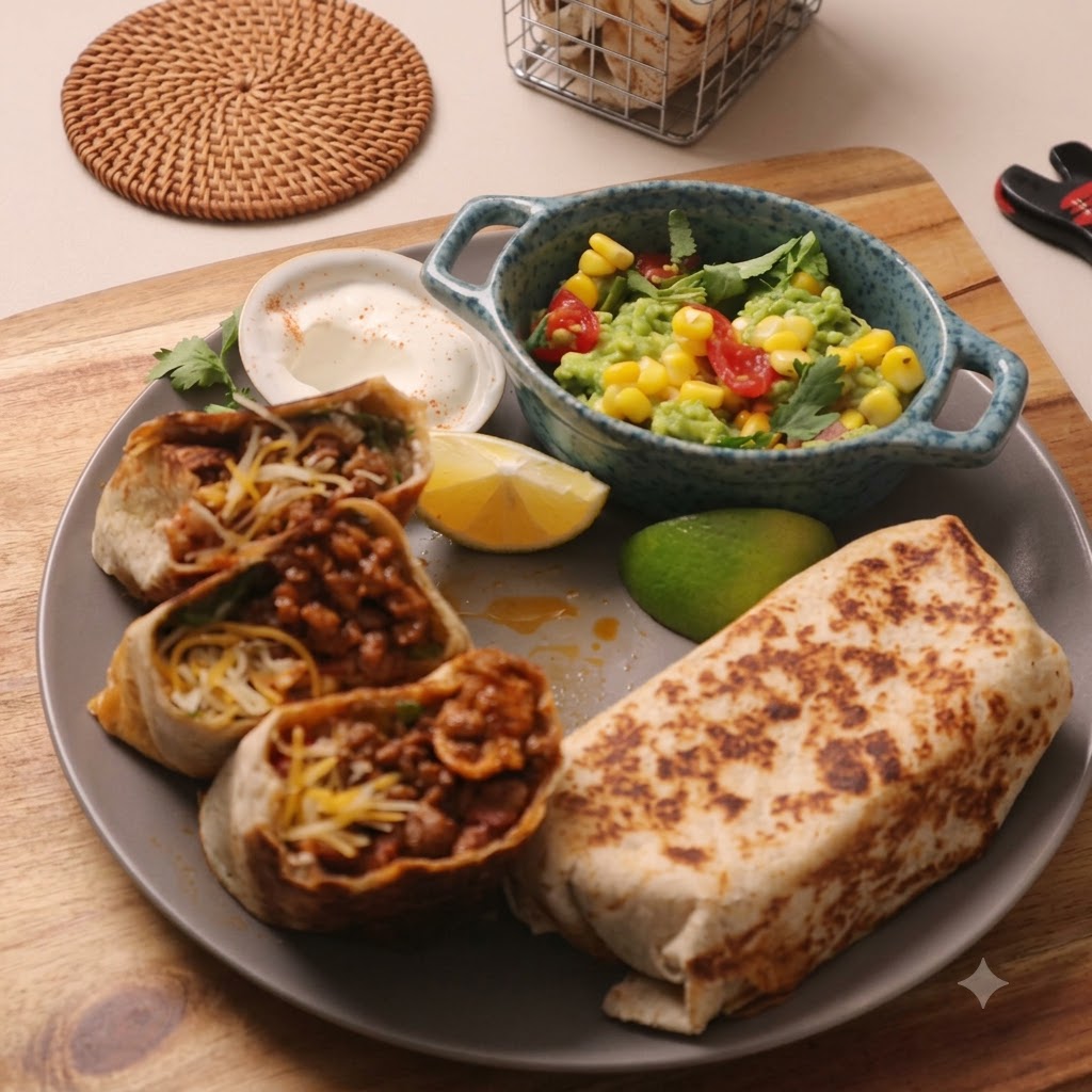 Tomates en dés et grains de maïs doux saupoudrés sur la garniture du burrito.
