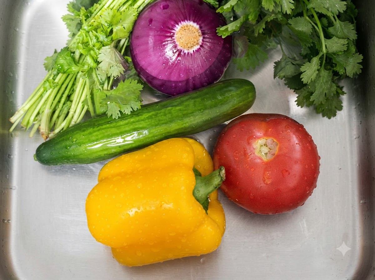 Poivrons frais, oignon rouge, concombre, tomate et coriandre trempant dans un évier en métal rempli deau.