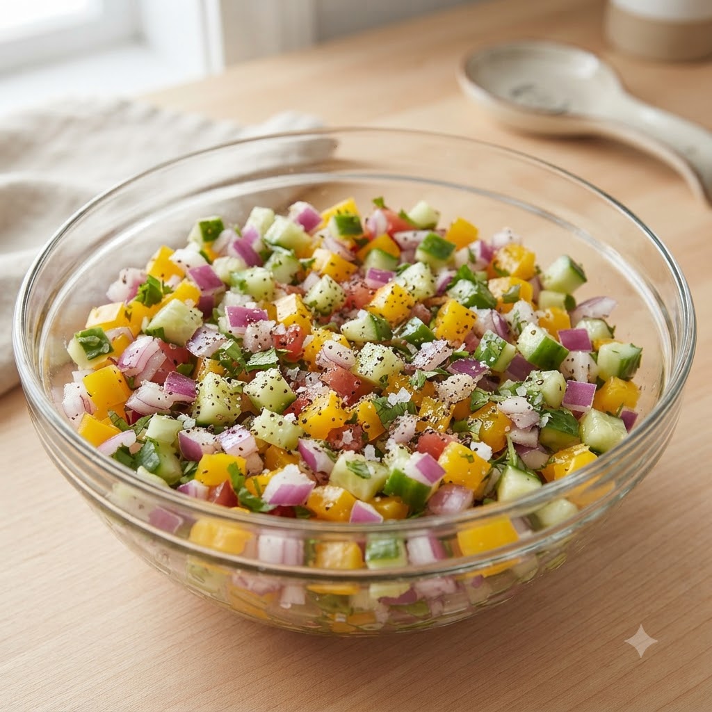 Ail émincé, sel, poivre et huile dolive saupoudrés sur le bol de légumes hachés mélangés.