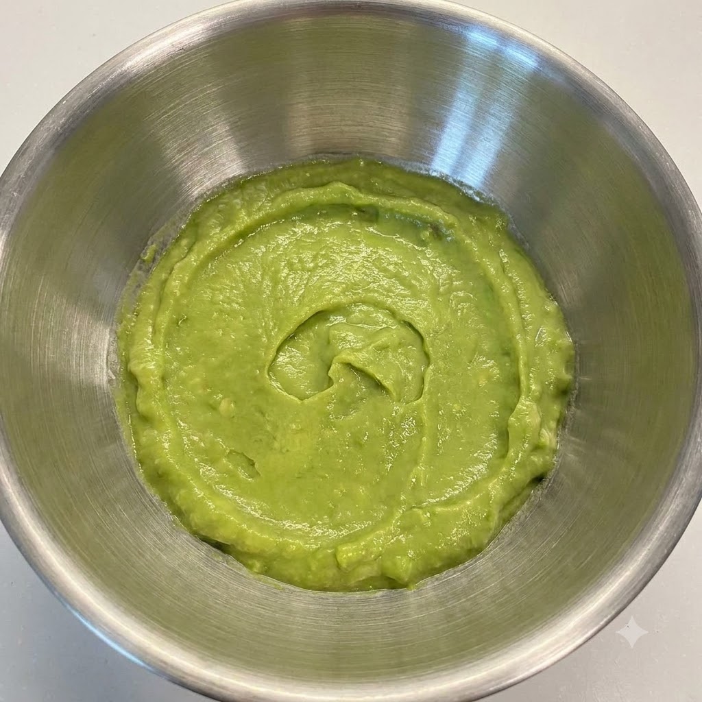 Un avocat mûr écrasé en une pâte verte lisse et vibrante à lintérieur dun bol mélangeur en métal à laide dun pilon.