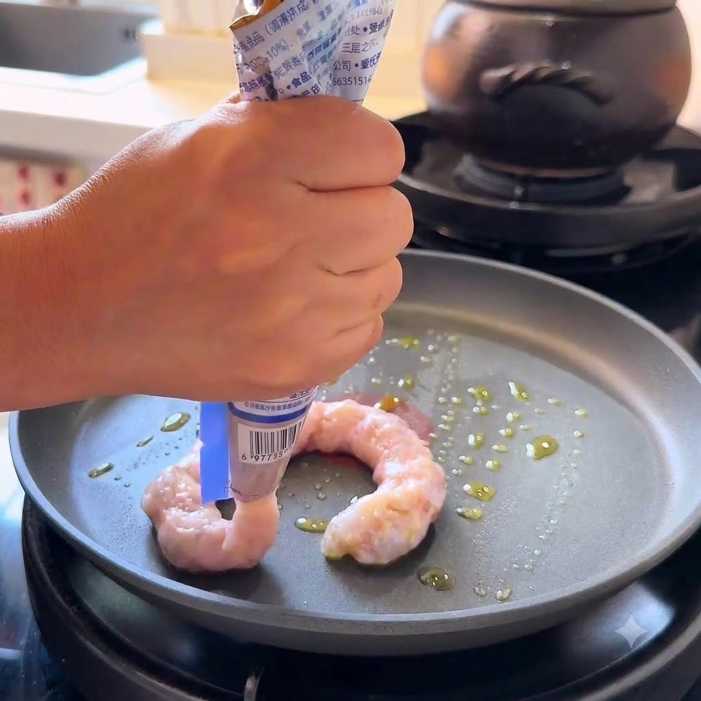 Une paire de mains pressant de la pâte de crevettes rose dun tube pour former deux cercles dans une poêle huilée.