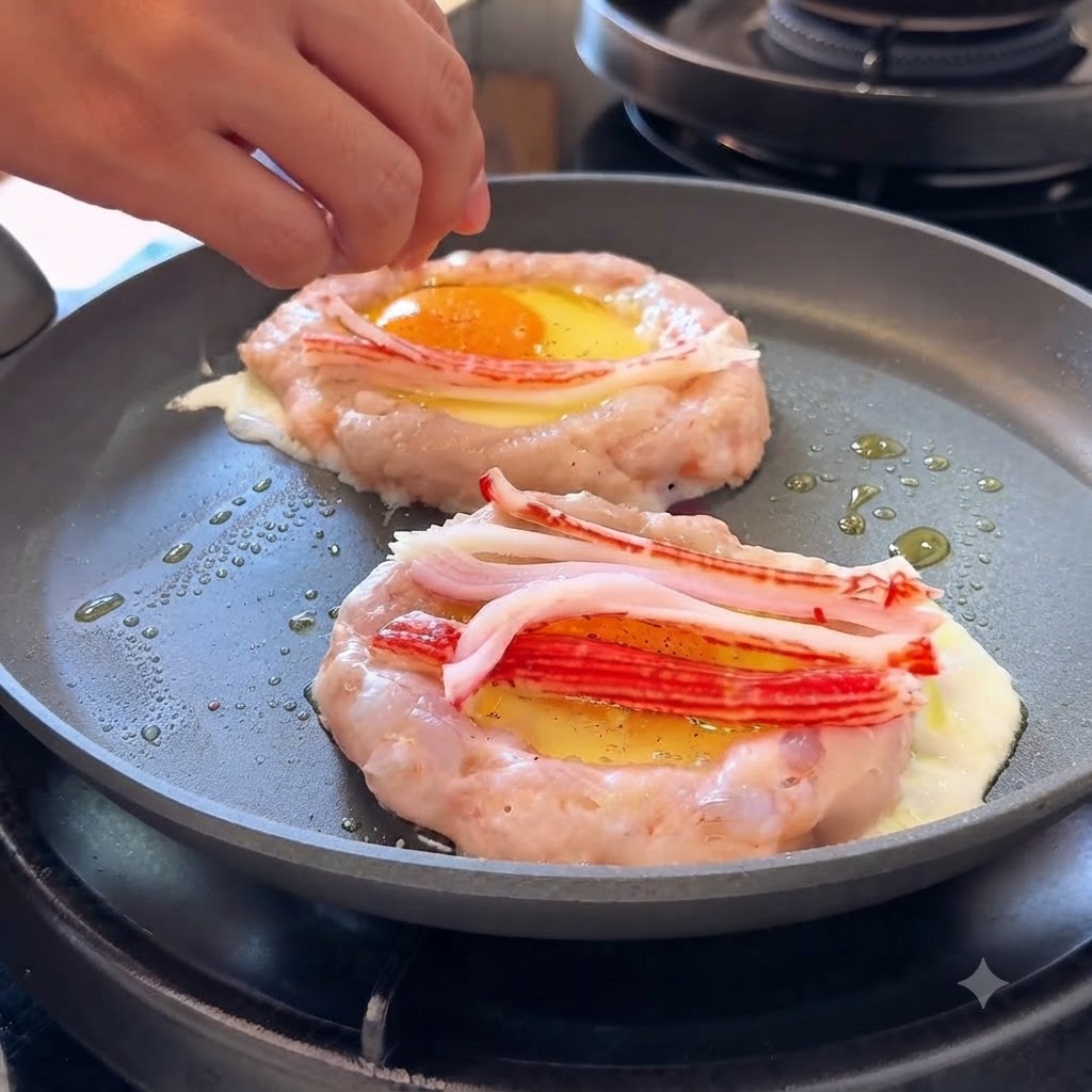 Une main plaçant des morceaux de surimi effiloché sur le dessus des œufs à lintérieur des anneaux de pâte de crevettes.