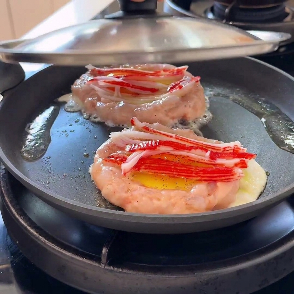 Un couvercle métallique posé sur une poêle contenant des anneaux de pâte de crevettes et des œufs garnis avec de leau produisant de la vapeur.