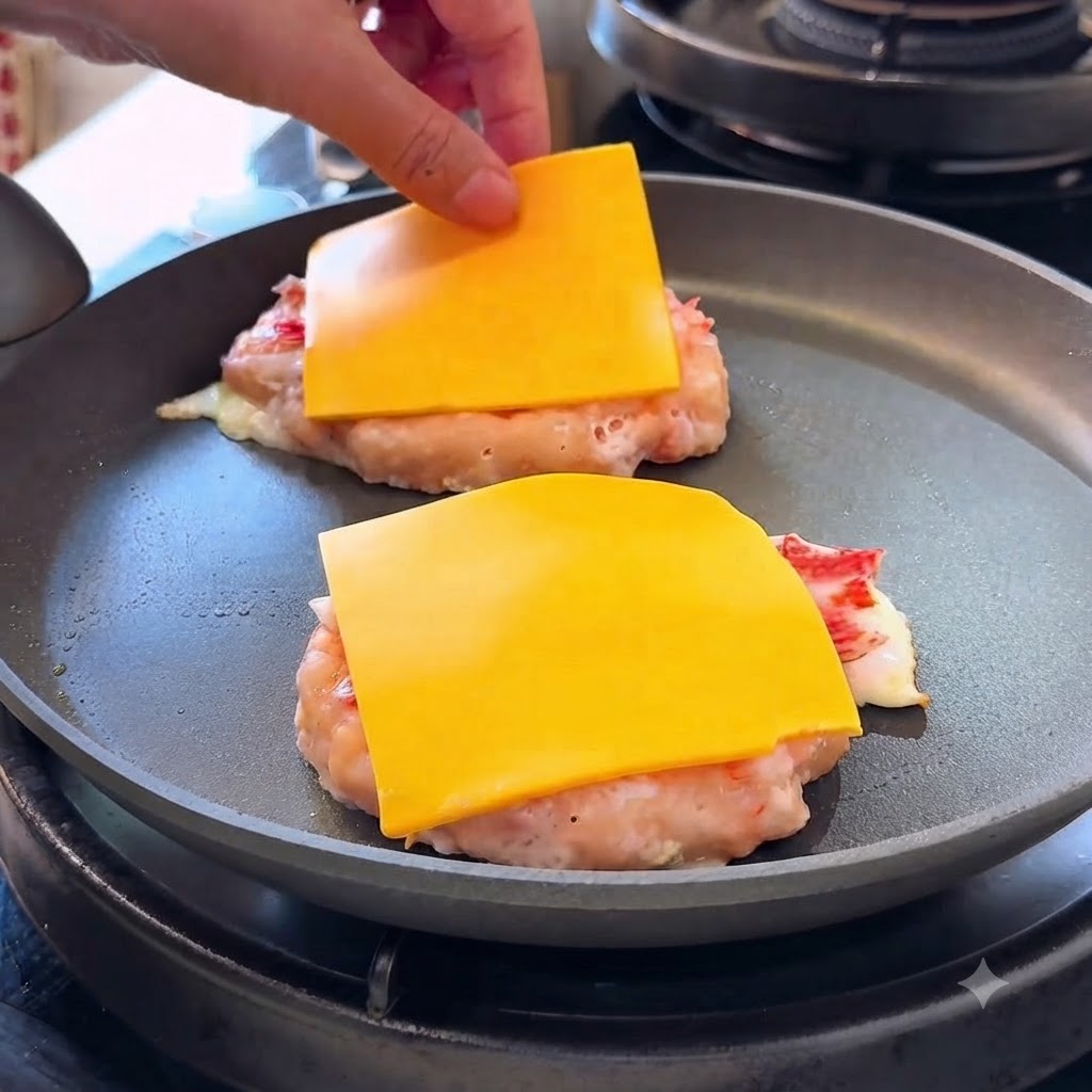 Une main plaçant des tranches de fromage jaune sur les galettes dœufs et de crevettes cuites dans une poêle.