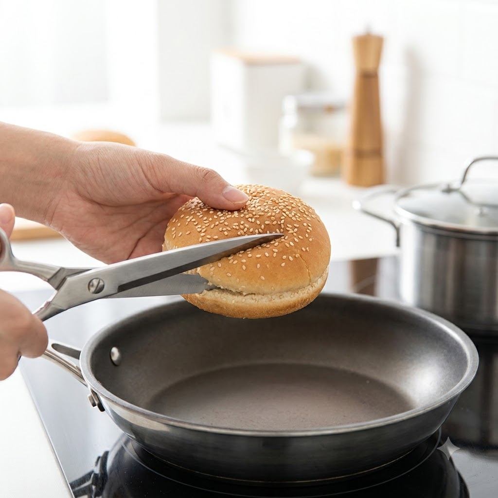 Un pain à burger chaud coupé en deux à laide de ciseaux.