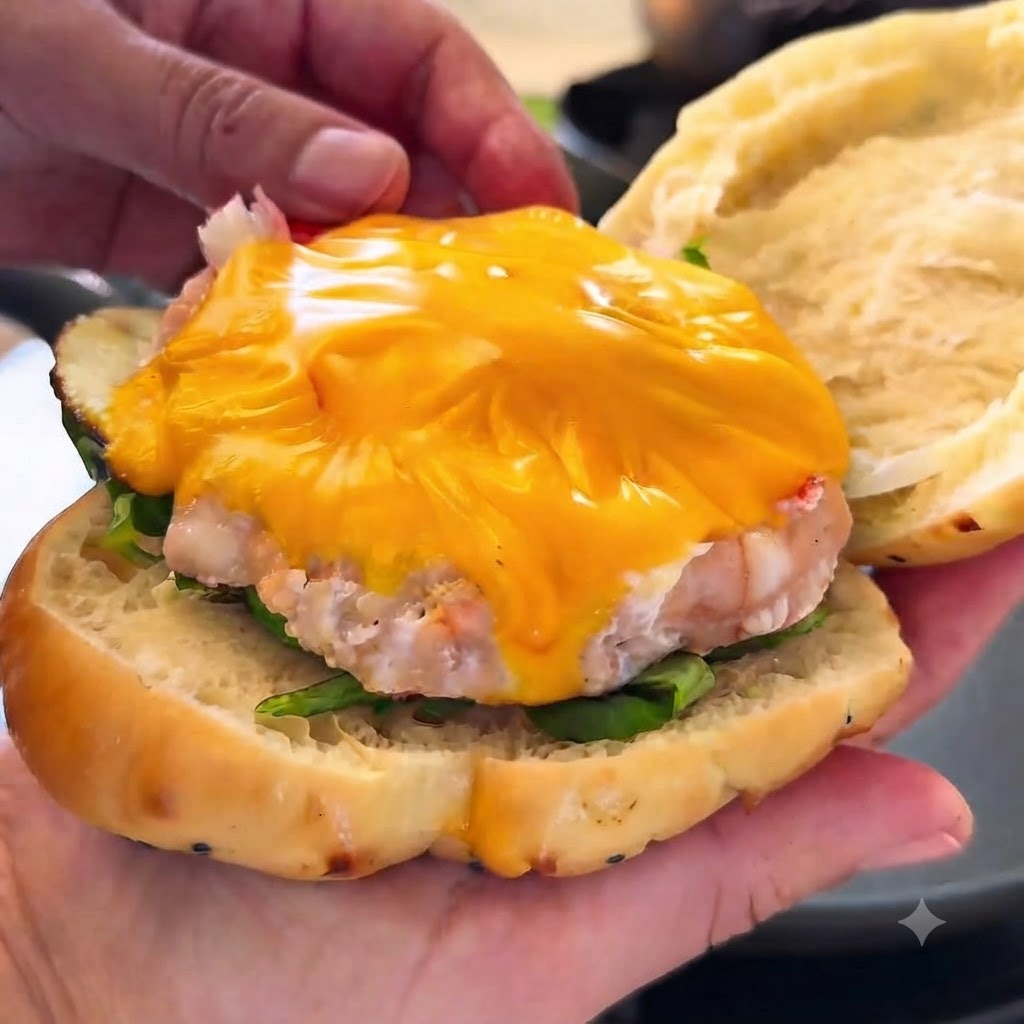 Feuilles de laitue fraîche et galette cuite avec du fromage fondu à lintérieur dun pain à burger tranché.