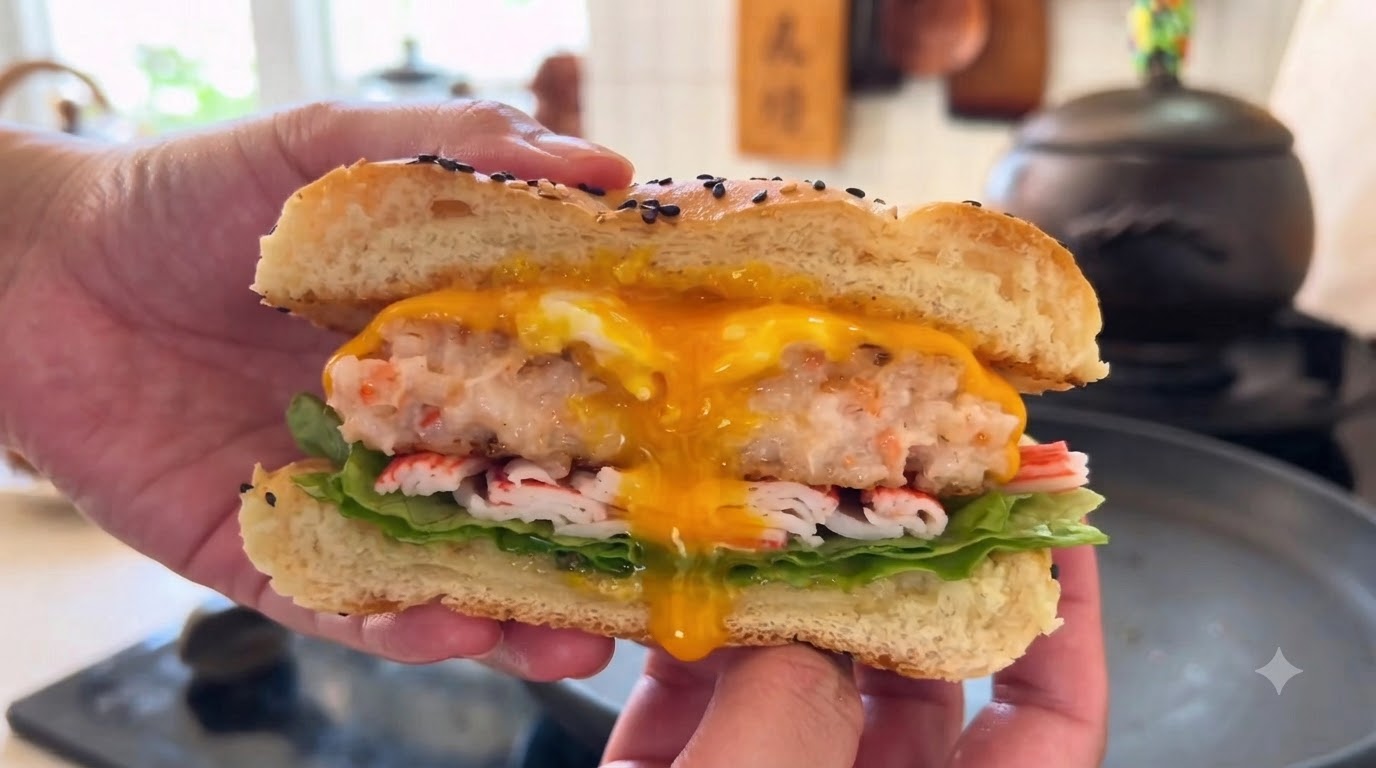 Burger d'Œuf frit à la Pâte de Crevettes et Bâtonnets de Surimi