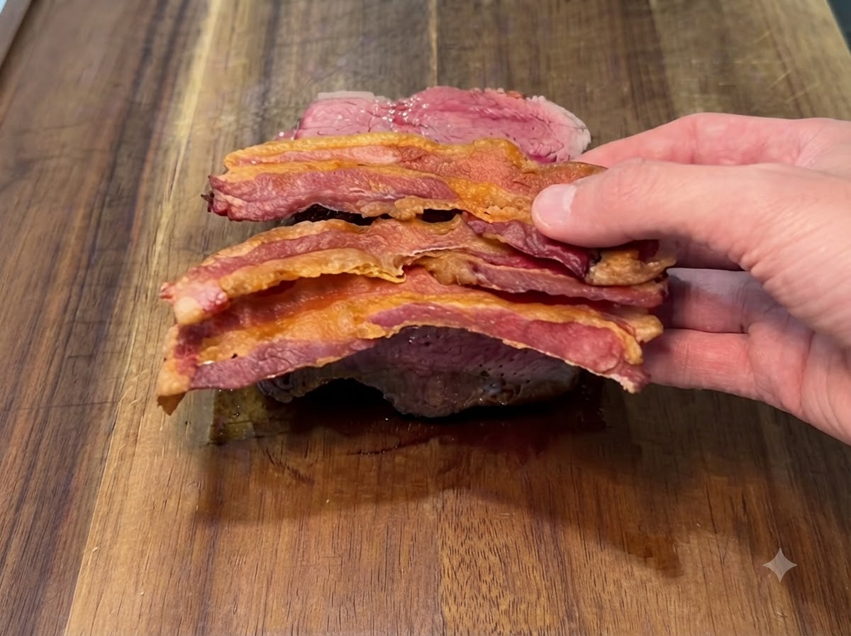 Des bandes de bacon croustillantes placées sur la couche de fromage fondu.