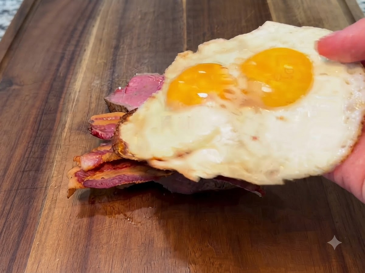 Deux œufs au plat placés sur les tranches de bacon.