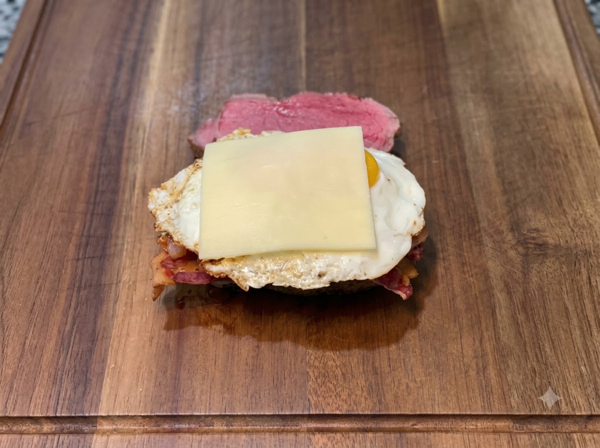 Une tranche de fromage placée sur les œufs au plat et fondue avec un chalumeau.