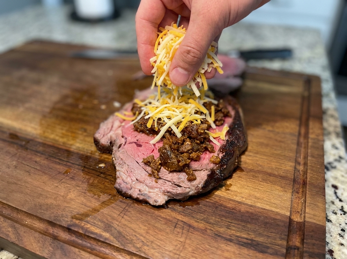 Une cuillerée de bœuf haché cuit et assaisonné disposée sur le steak garni de fromage.