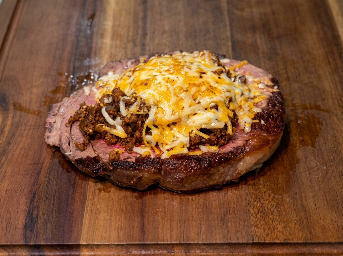 Du fromage râpé fondu recouvrant le bœuf haché sur le dessus de la tranche de steak.