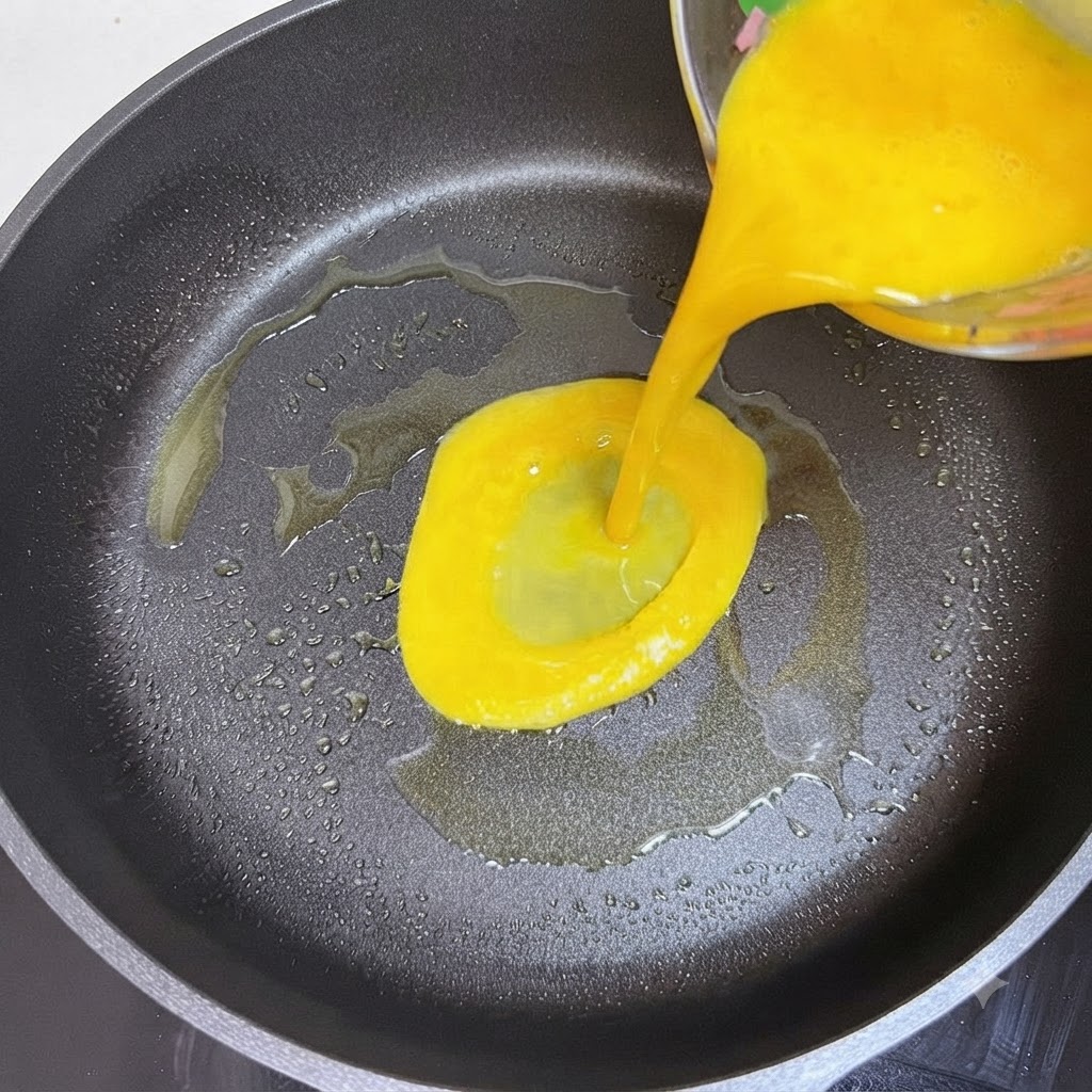 Des œufs battus dun jaune éclatant versés dune tasse à mesurer transparente dans une poêle à frire chaude.