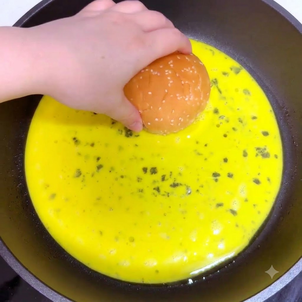 Une main plaçant deux pains à burger à lenvers dans une flaque de mélange dœufs jaunes crus dans une poêle à frire.
