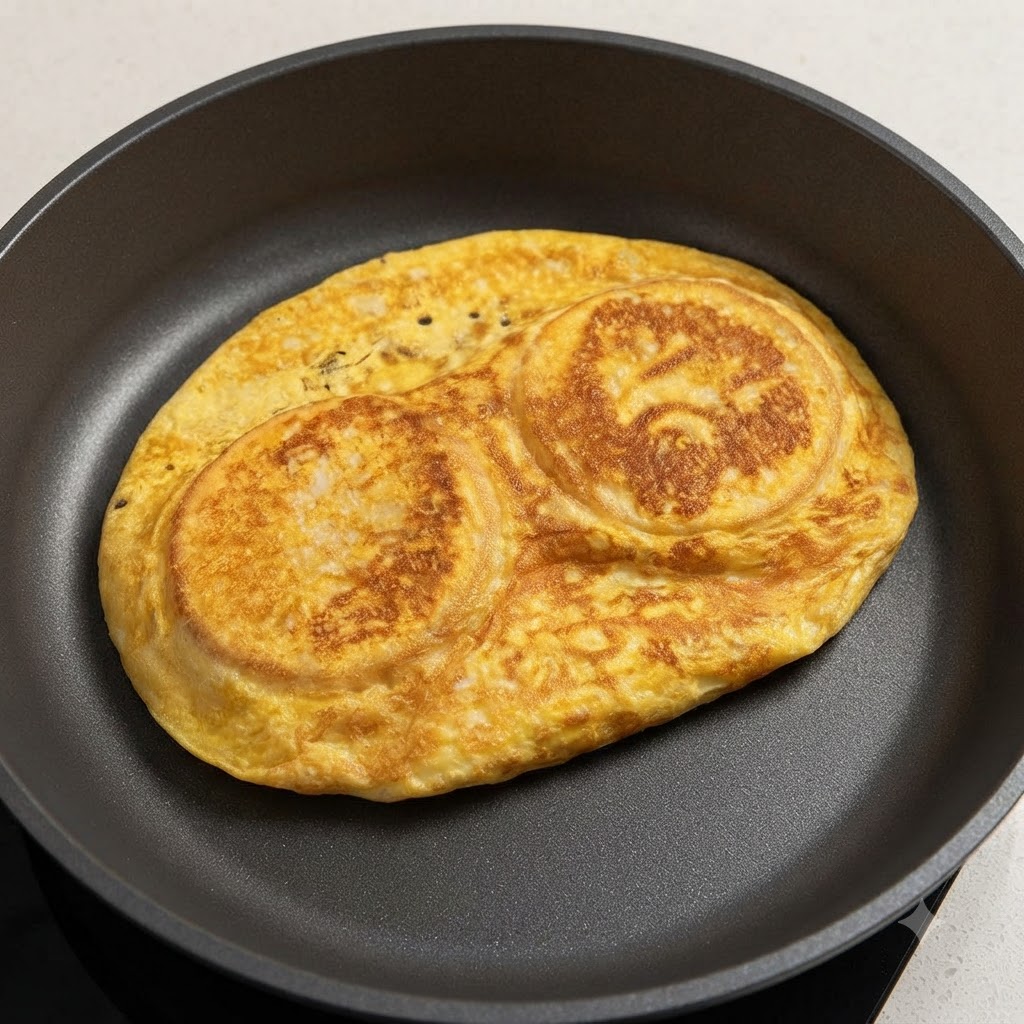 Une feuille dœuf cuite et dorée repliée autour de deux pains à burger à lintérieur dune poêle à frire.