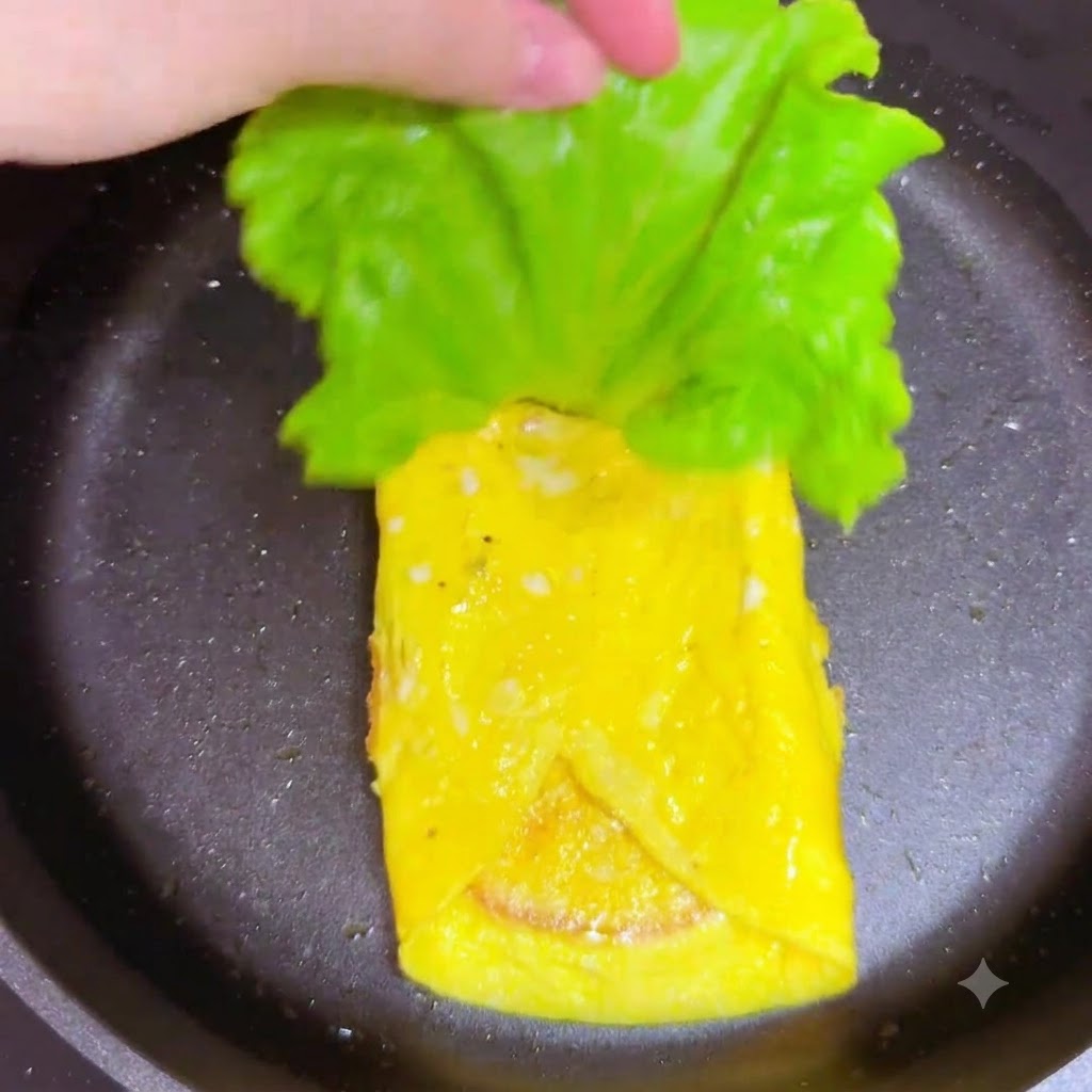 Une feuille de laitue verte fraîche placée sur la couche de jambon à lintérieur de la poêle.
