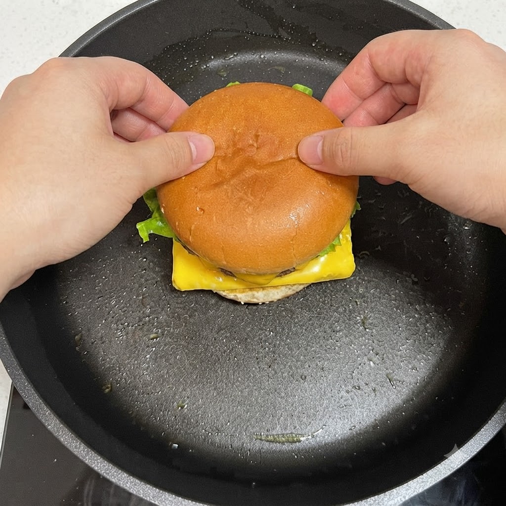 Des mains plaçant le pain à burger supérieur sur les ingrédients superposés et enveloppant les bords de lœuf autour de celui-ci.