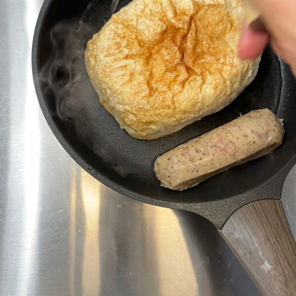 De leau bouillante versée dans la poêle à côté de la ciabatta et de la saucisse.