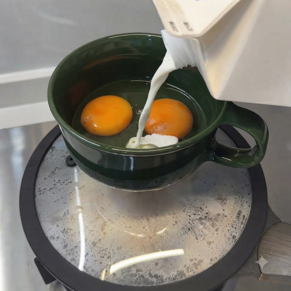 Du lait versé dune brique dans le bol avec les œufs.