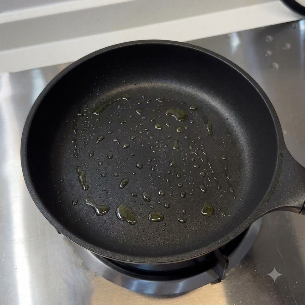Une poêle graissée avec des gouttes dhuile de cuisson réparties sur le fond.