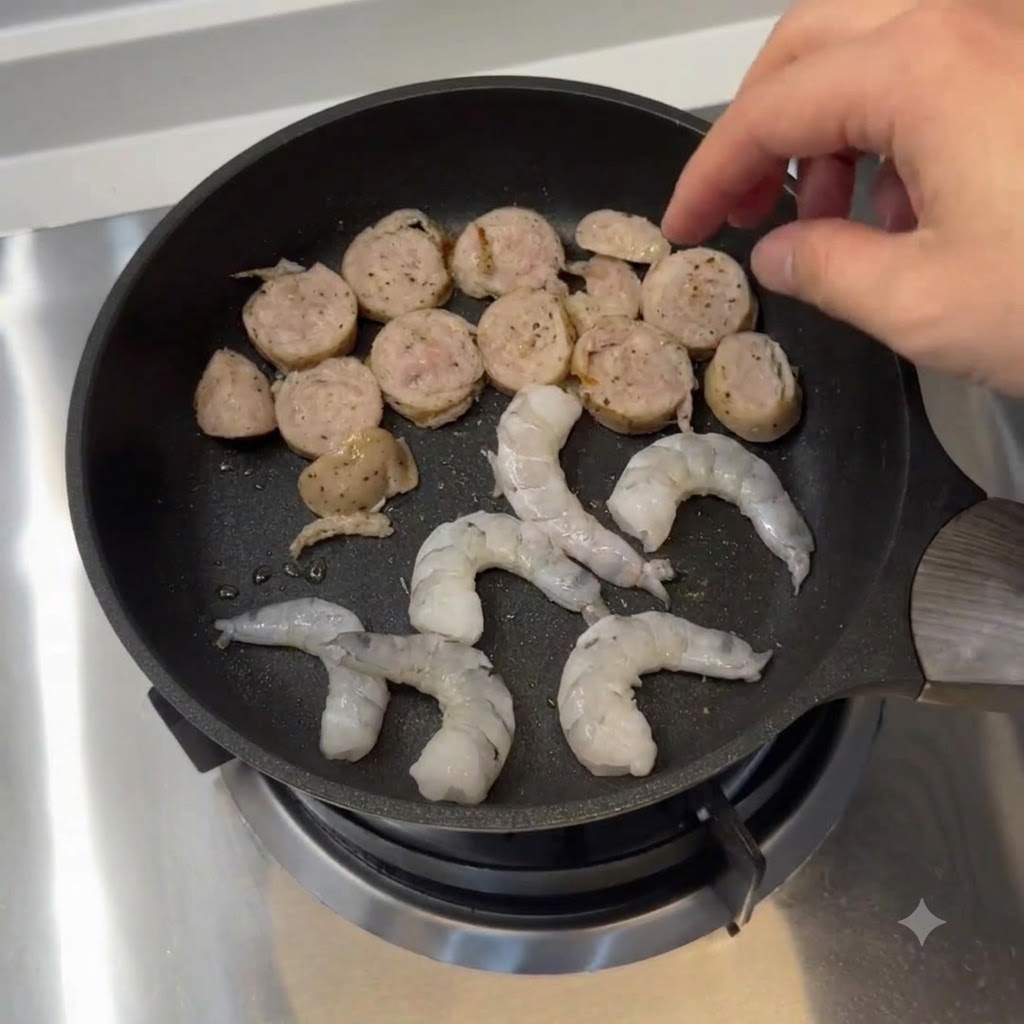 Saucisse tranchée et crevettes crues disposées dans une poêle sur un brûleur à gaz.