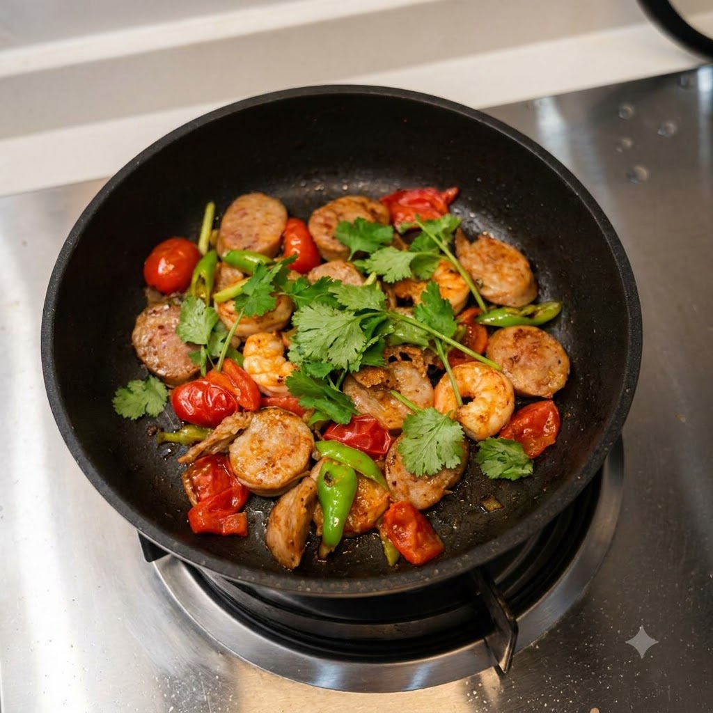 Feuilles de coriandre fraîche coupées directement au-dessus dune poêle remplie de saucisse cuite, de crevettes, de tomates et de poivrons verts.
