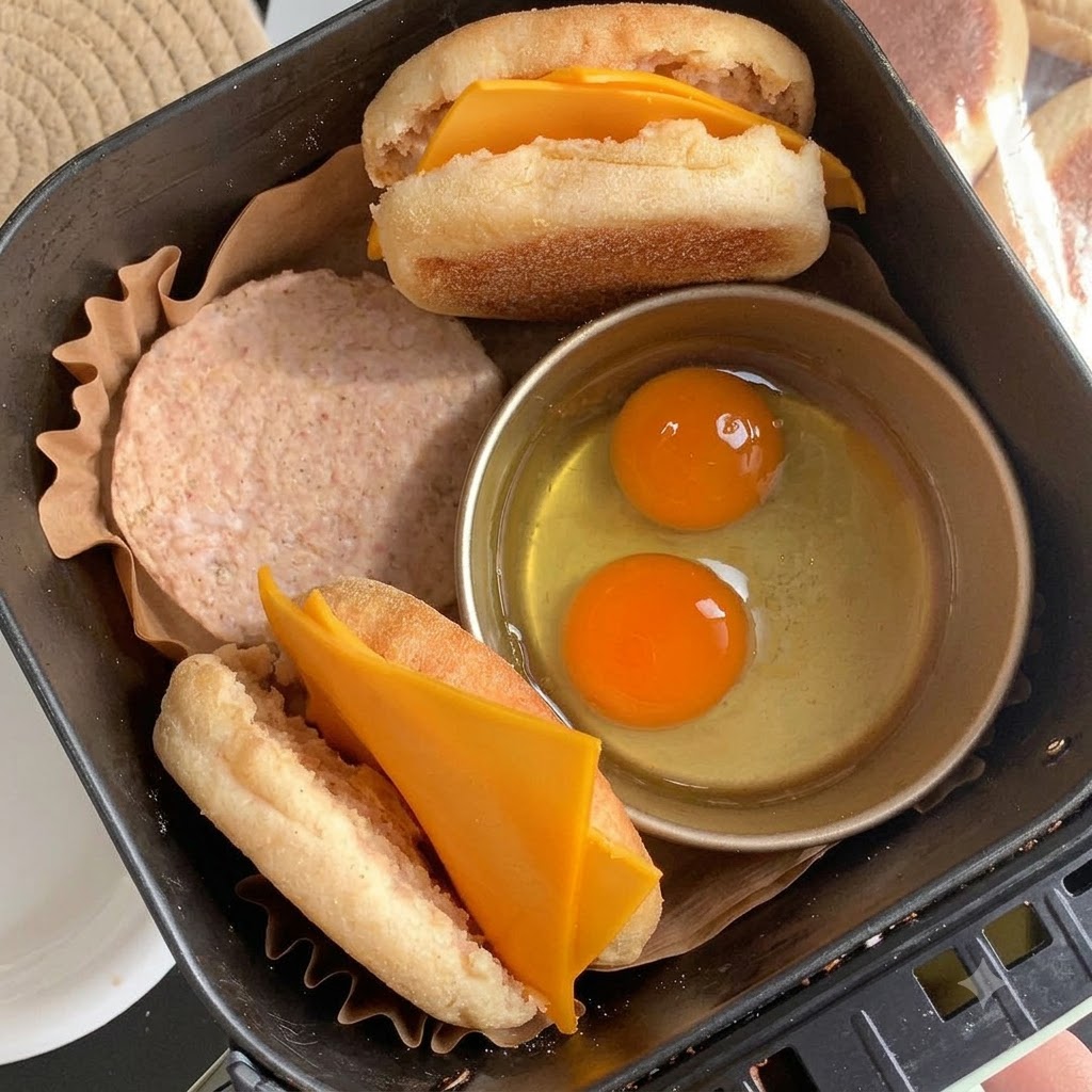 Deux œufs cassés dans un cercle en métal rond dans une poêle à côté dune galette de saucisse de petit-déjeuner en train de saisir.