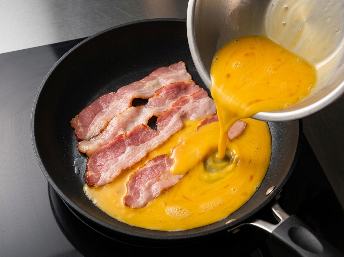 Œufs battus versés dun bol en acier inoxydable directement sur les tranches de bacon dans une poêle chaude.
