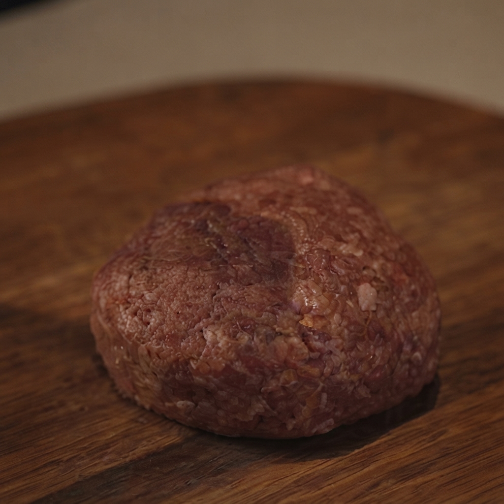 Un steak de bœuf cru fraîchement formé posé sur une planche à découper ronde en bois.
