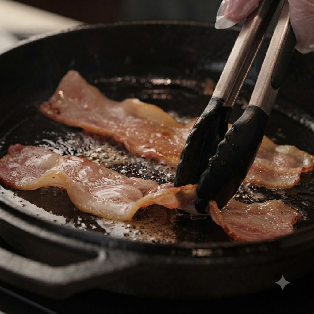 Des tranches de bacon en train de frire dans une poêle en fonte chaude manipulées avec des pinces de cuisine noires.