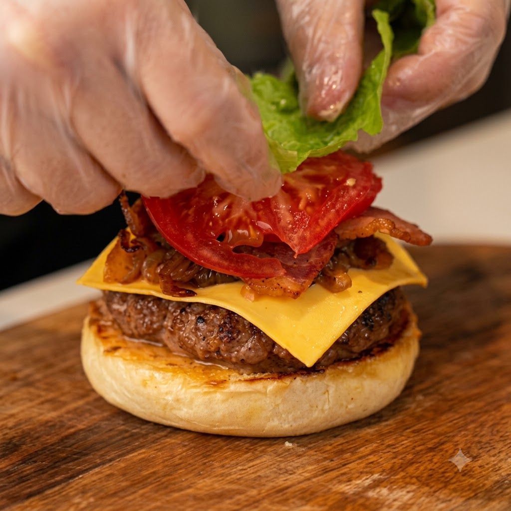 Une main plaçant une feuille de laitue verte fraîche sur des tomates tranchées, du bacon, du fromage et un steak de bœuf.